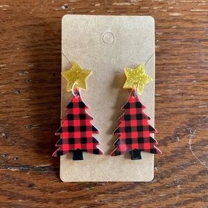 Christmas Tree Earrings Red Buffalo Check with Glitter Gold Stars